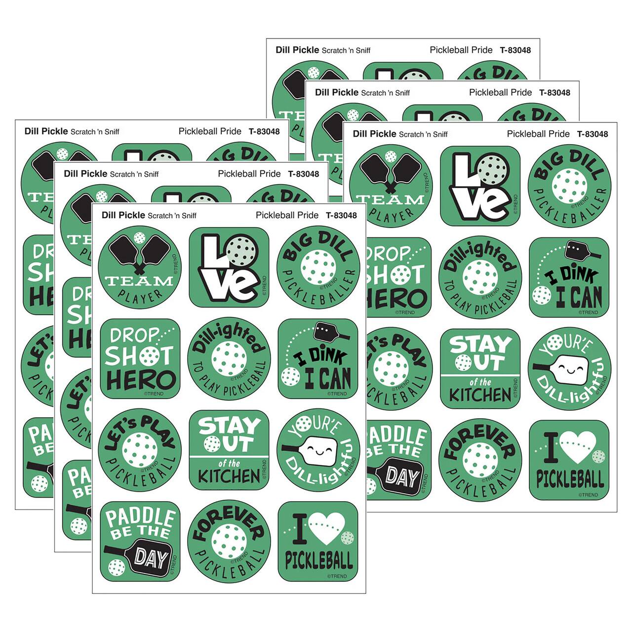 TREND Enterprises® Pickleball DILL-ight, Dill Pickle Scent Scratch n Sniff Stinky Stickers®, 1.25" 6 Packs of 48